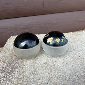 Vtg Frosted Glass Salt Pepper Shakers Bakelite Lids Hand Painted Roses Art Deco